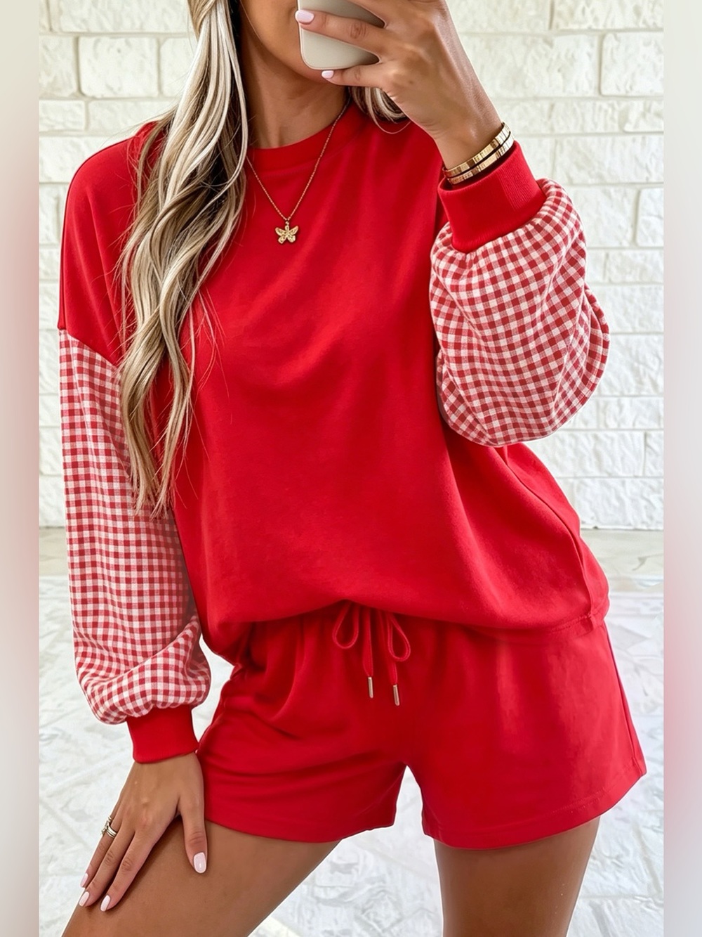 Gingham Patchwork Long Sleeve Sweatshirt and Shorts Set